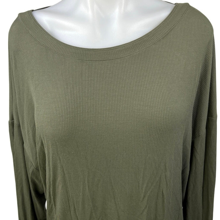 Free People Army Green Low Open Back Long Sleeve Shimmy Shake Blouse Top Size S