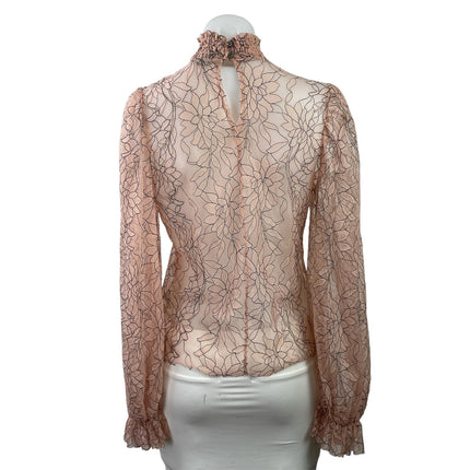 Forever 21 Womens Pink Floral Mesh Sheer Long Balloon Sleeve Turtleneck Blouse S