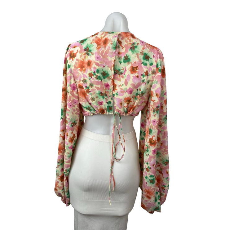 Princess Polly Coral Floral Long Sleeve Deep V Neck Plunge Blouse Crop Top Sz 6