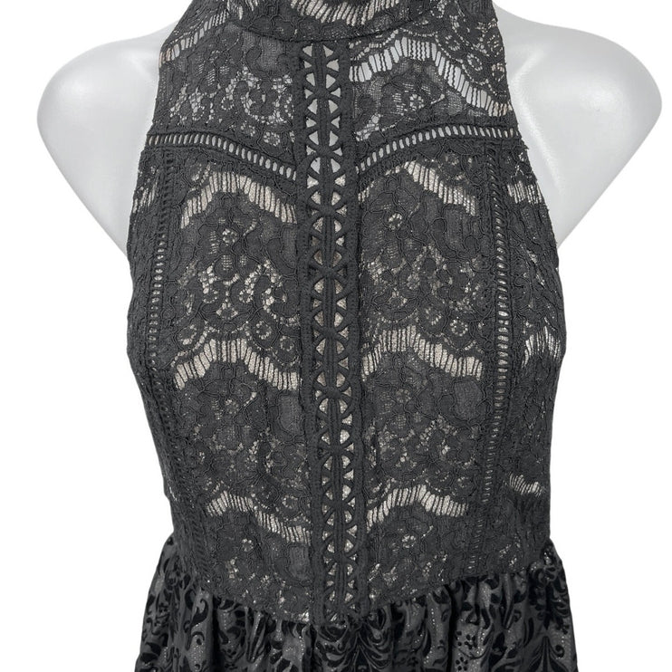 Xhilaration Black Lace Floral Embroidered High Neck Fit & Flare Mini Dress Sz M