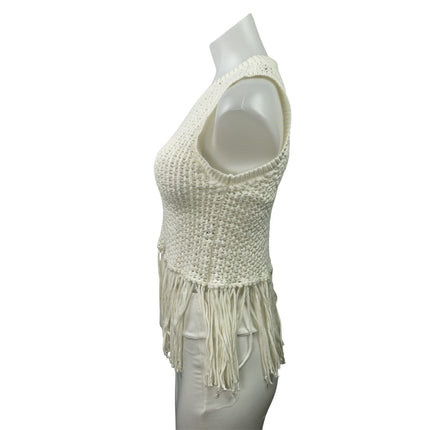 Piombo Women's White Knitted Crochet Fringed Tassle Sleeveless Tank Top Size XS