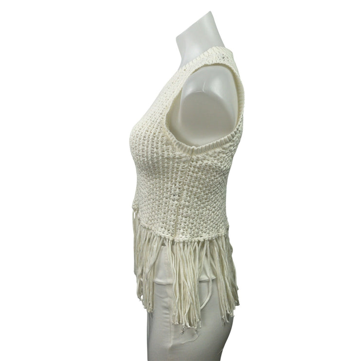 Piombo Women's White Knitted Crochet Fringed Tassle Sleeveless Tank Top Size XS