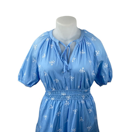 Women's Blue Embroidered Smocked Tiered Tie Neck Puff Sleeve Midi Flare A-Line L