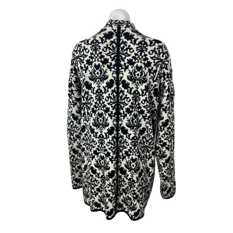Cyrus Women's Black White Batik Floral Open Front Long Cardigan Sweater Top L