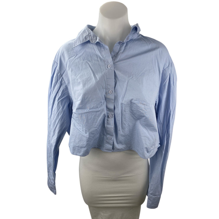 H&M Divided Womens Blue Cotton Long Sleeve Collared Crop Button Down Shirt Top L