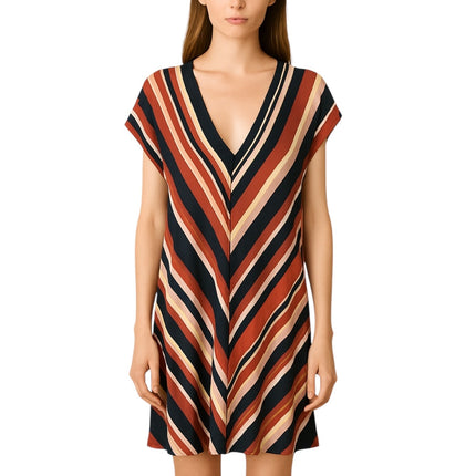 MNG Mango Multicolor Striped Short Drop Sleeve V Neck A Line Mini Day Dress Sz L