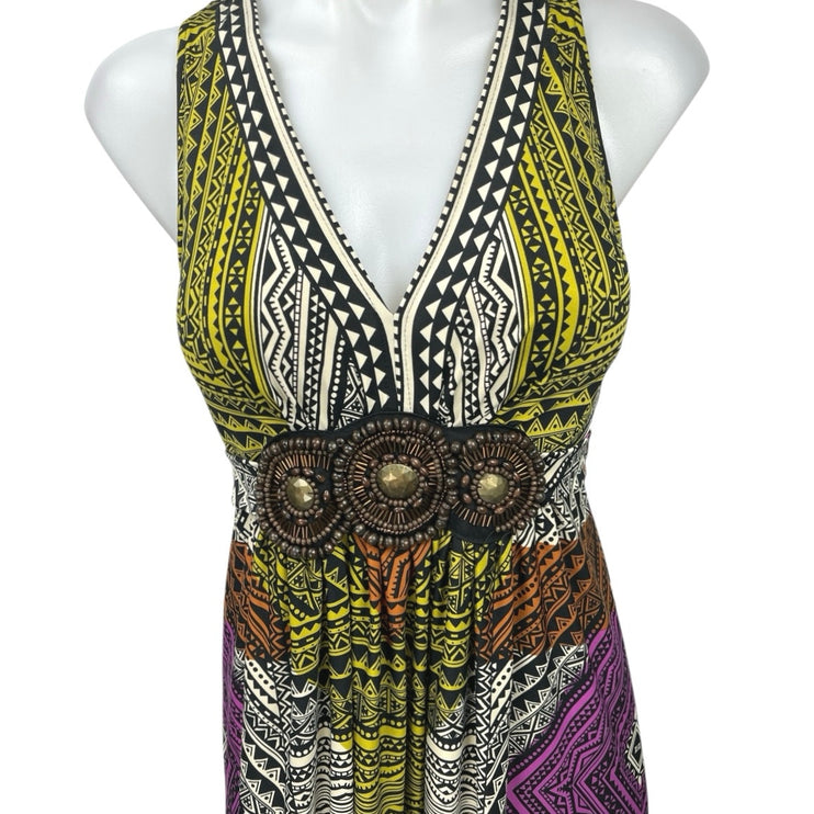 Eci Multicolor Sleeveless Geometric Beaded V-Neck Bohemian Slinky Maxi Dress 8