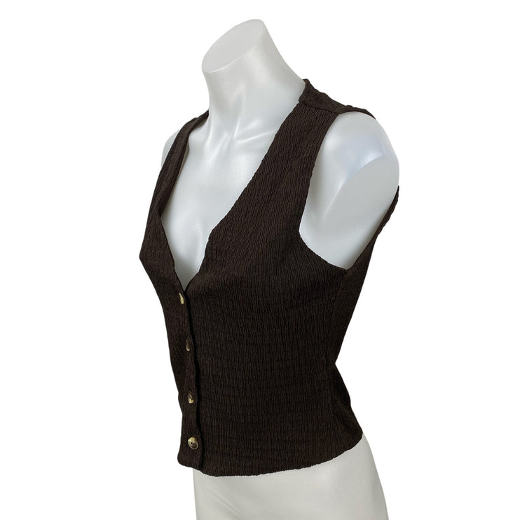 Zara Women Brown Sleeveless Crinkle Knit V Neck Button Up Vest Blouse Top Size S