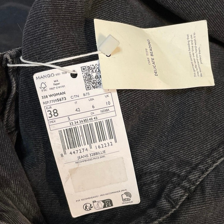 NEW MNG Mango Black Rhinestone Straight High Rise Relaxed Denim Jeans Size 6