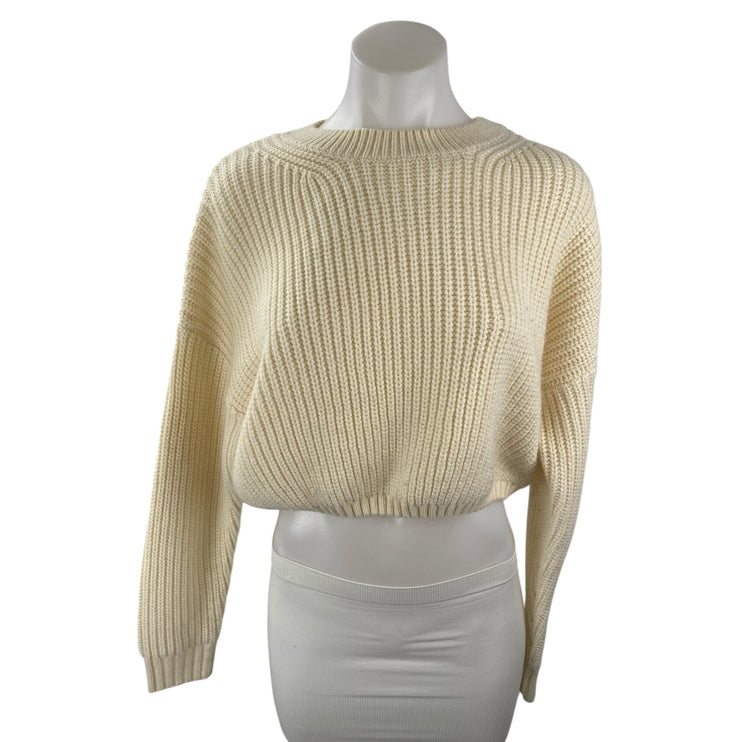 Elodie Women's Cream Ribbed Knit Long Sleeve Crewneck Cropped Sweater Top Size M