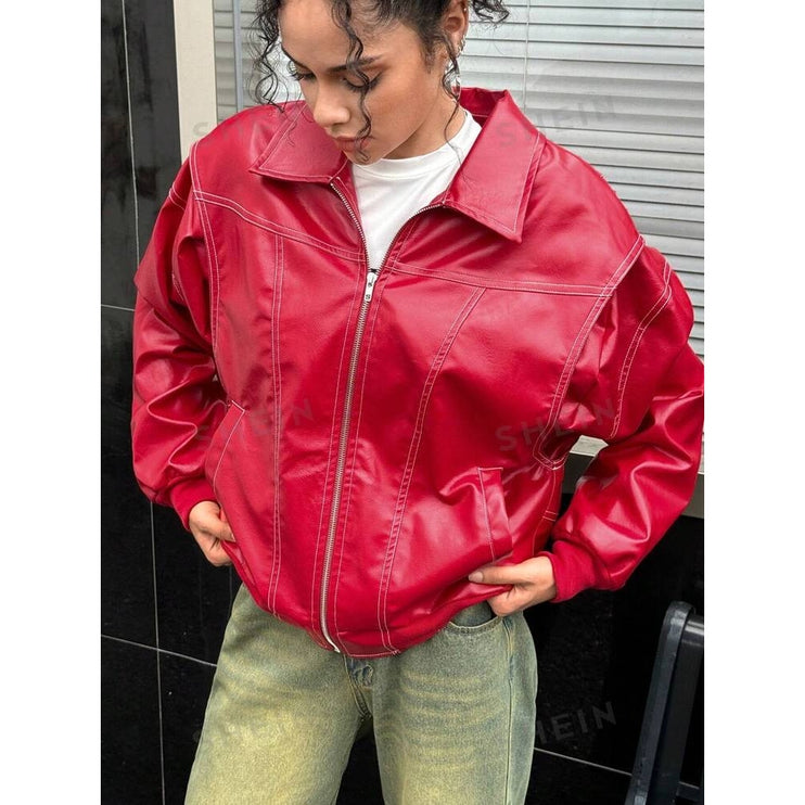 Women's Red Faux Vegan Leather Zip Up Collar Oversized Moto Jacket Coat Size S