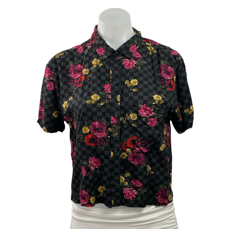 Vans Black Check Gingham Floral Short Sleeve Cropped Button Down Shirt Top Sz M