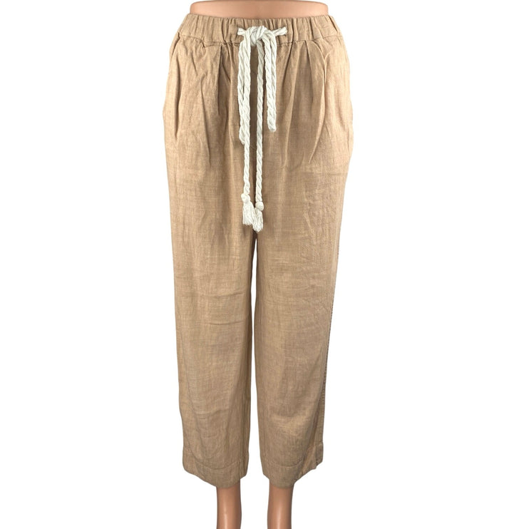 Free People Women's Tan Linen Elastic High Waist Crop Tapered Trousers Pants XS