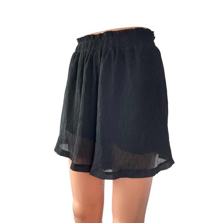 Lulus Women's Black Crinkle High Waisted Stretch Mesh Layered Mini Shorts Size L