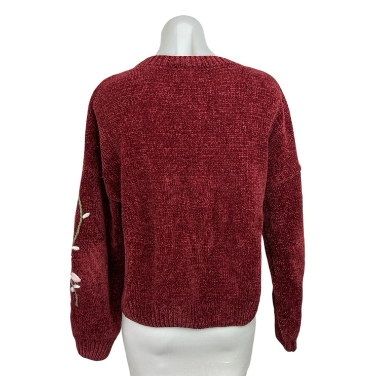 Jun & Ivy Maroon Floral Embroidered Balloon Long Sleeves Pullover Sweater Size L