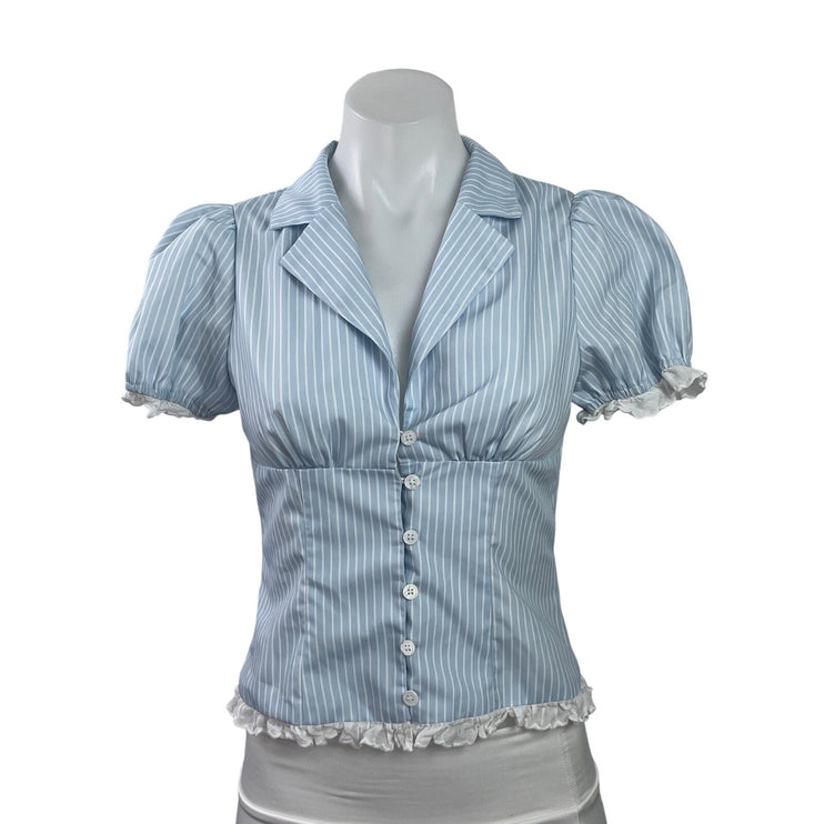 Peppermayo Blue Stripe Short Puff Sleeve Ruffle Crop Button Up Shirt Top Size XS