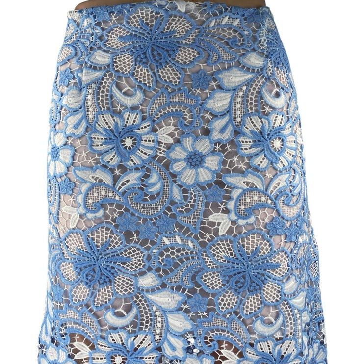 Glamorous Light Blue Floral Lace Embroidered Zipper Knee Length Pencil Skirt M
