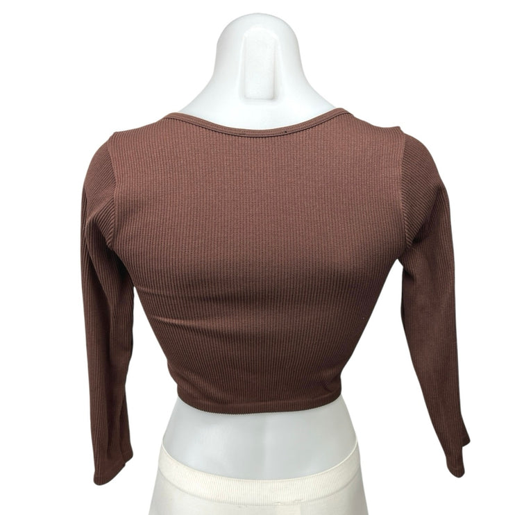 Zara Brown Ribbed Knit Scoop Neck 3/4 Sleeve Stretch Crop Sweater Top Size M-L