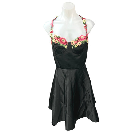 NEW JJ's House Black Silk Satin Floral Embroidered Mini Fit & Flare Dress Sz 10