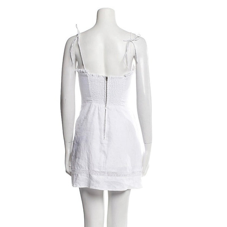 Reformation White 100% Linen Ruffle Sleeveless Smocked A Line Mini Dress Size 0