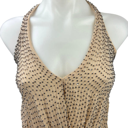 Zara Beige Jeweled Rhinestone Embellished V-neck Sheer Halter Cami Tank Top XS