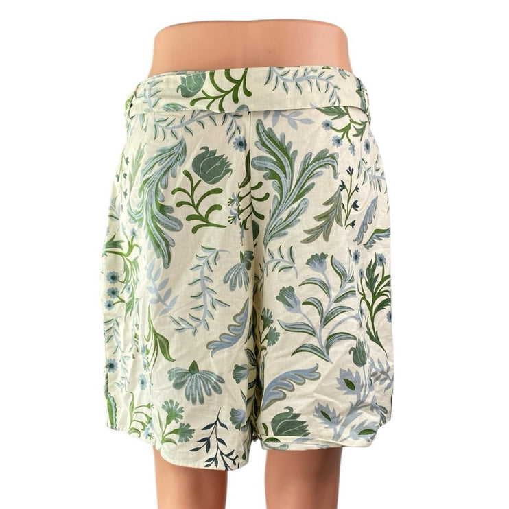 Mango MNG Women's Green White Floral Belted High Waisted Wide Leg Mini Shorts 8