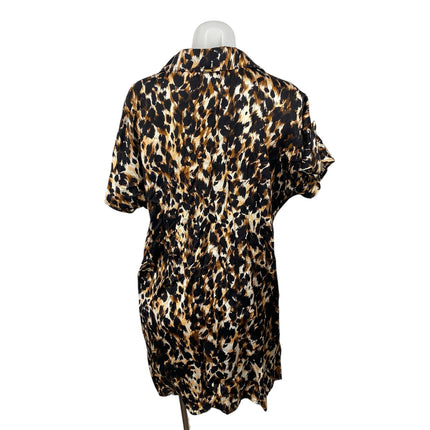 St. John Brown Silk Animal Print Collar Short Sleeve Mini Sheath Shirt Dress 10