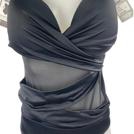 NEW Chamela Black Sleeveless Plunge Neck Mesh One Piece Swimsuit Bikini Size XL