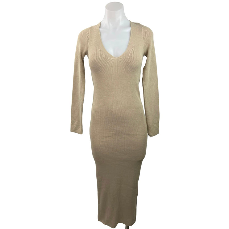 PrettyLittleThing Beige Knit Long Sleeve V-Neck Open Back Long Bodycon Dress 12