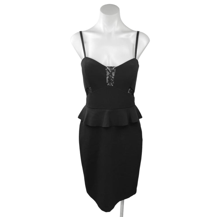 Parker Sachi Combo Black Peplum Spaghetti Strap Knee Length Mini Pencil Dress M