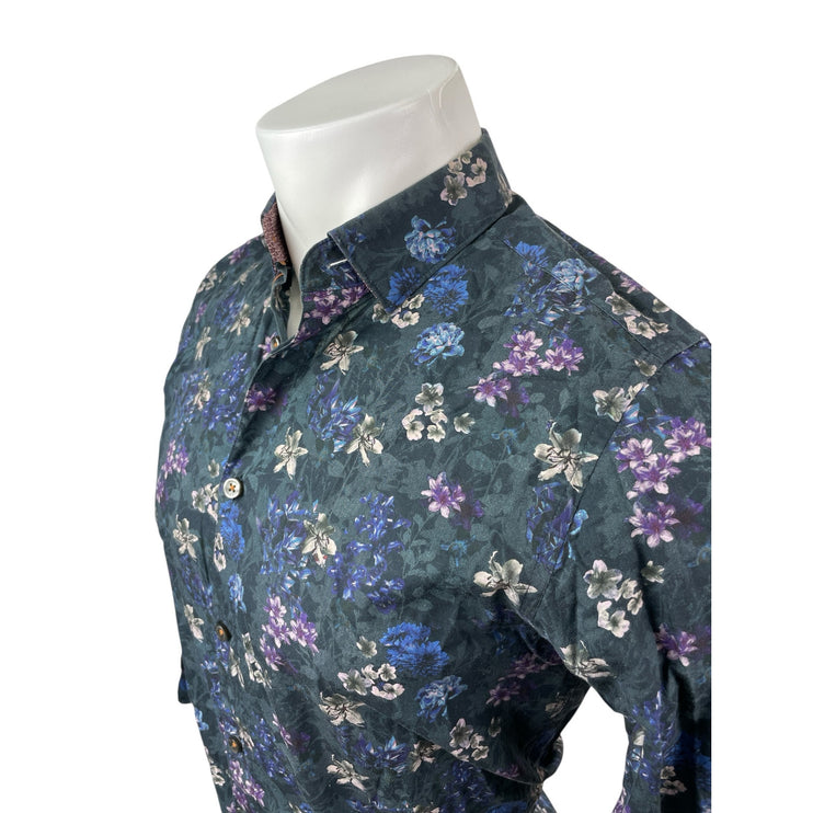 Ted Baker Men's Blue Floral Long Sleeve Modern Fit Button Down Shirt Top Size 15