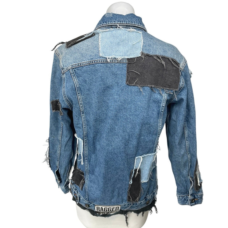 The Ragged Priest Women's Blue Patchwork Oversized Denim Jean Jacket Size S