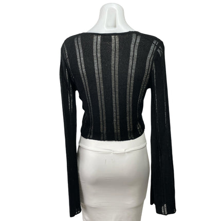 Victoria + Sophia Black Ribbed Knit Semi Sheer V Neck Button Up Crop Top Size S