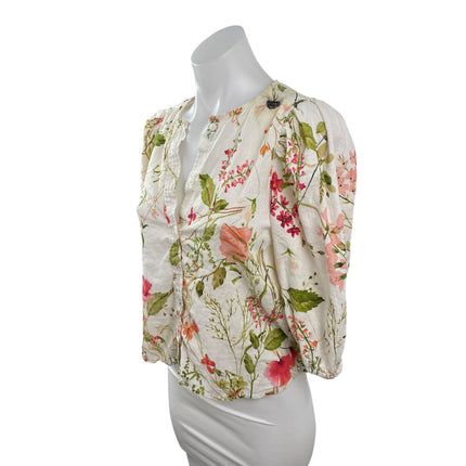 H&M Womens Linen Multicolor Floral Balloon Sleeve Button Down Shirt Blouse Top S