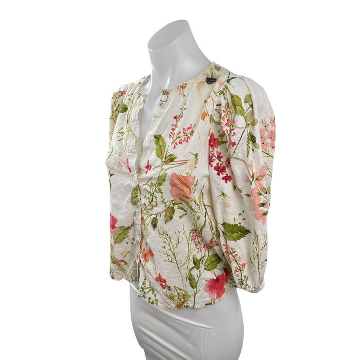 H&M Womens Linen Multicolor Floral Balloon Sleeve Button Down Shirt Blouse Top S
