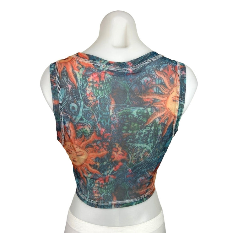 Shein Blue Orange Sun Celestial Art Crew Neck Sleeveless Tank Crop Top Size S