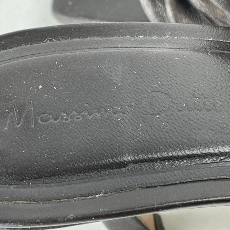 Massimo Dutti Black Ruched Leather Square Toe Flared Heels Mules Sandals Size 39