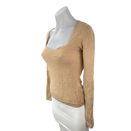 Aritzia Wilfred Womens Tan Ribbed Knit Sweetheart Long Sleeve Sweater Top Size M