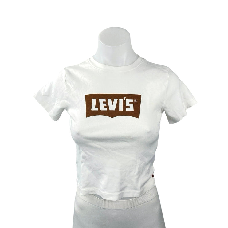 Levi's Women's White Logo Print Short Sleeve Crew Neck Baby Tee T Shirt Top XS
