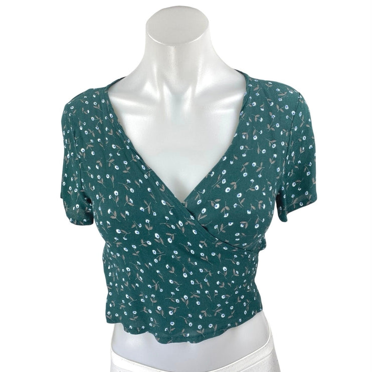 Brandy Melville Green Floral Short Sleeve V Neck Wrap Tie Blouse Crop Top Size S
