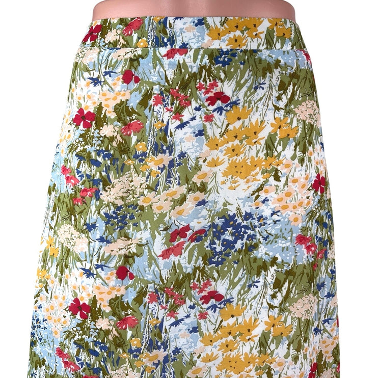 Commense Green Multicolor High Waisted Floral Peasant A Line Midi Skirt Size S