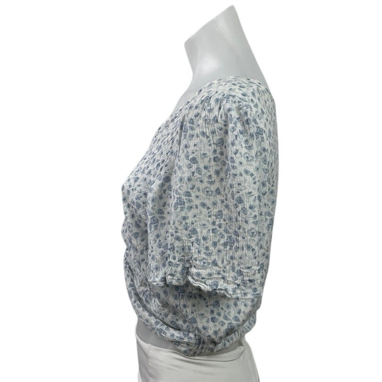 Abercrombie & Fitch Blue Floral Short Sleeve VNeck Twist Front Crop Blouse Top L