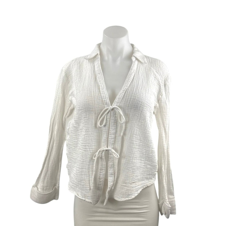 Abercrombie & Fitch White Long Sleeve Tie Knot V Neck Blouse Shirt Top Size S