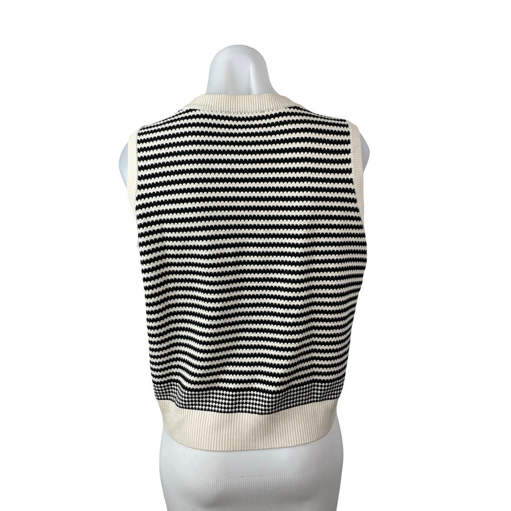 Adrianna Papell Cream Black Striped Knit Sleeveless Button Up Cardigan Sweater M