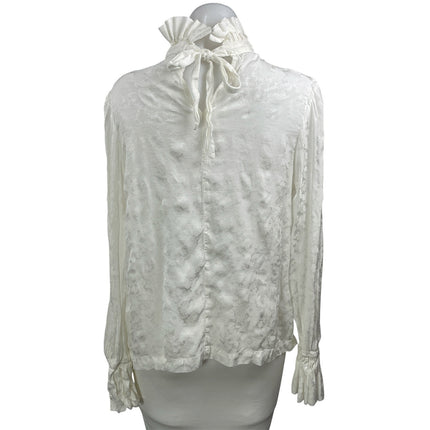 Topshop Women's White Jacquard Ruffle Mock Neck Long Sleeve Blouse Top Size 8