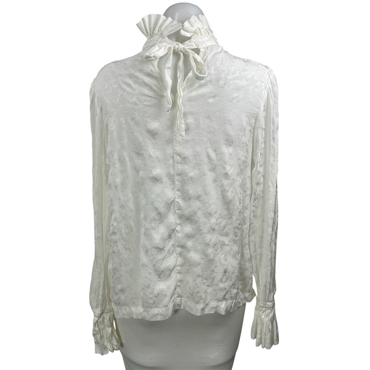 Topshop Women's White Jacquard Ruffle Mock Neck Long Sleeve Blouse Top Size 8
