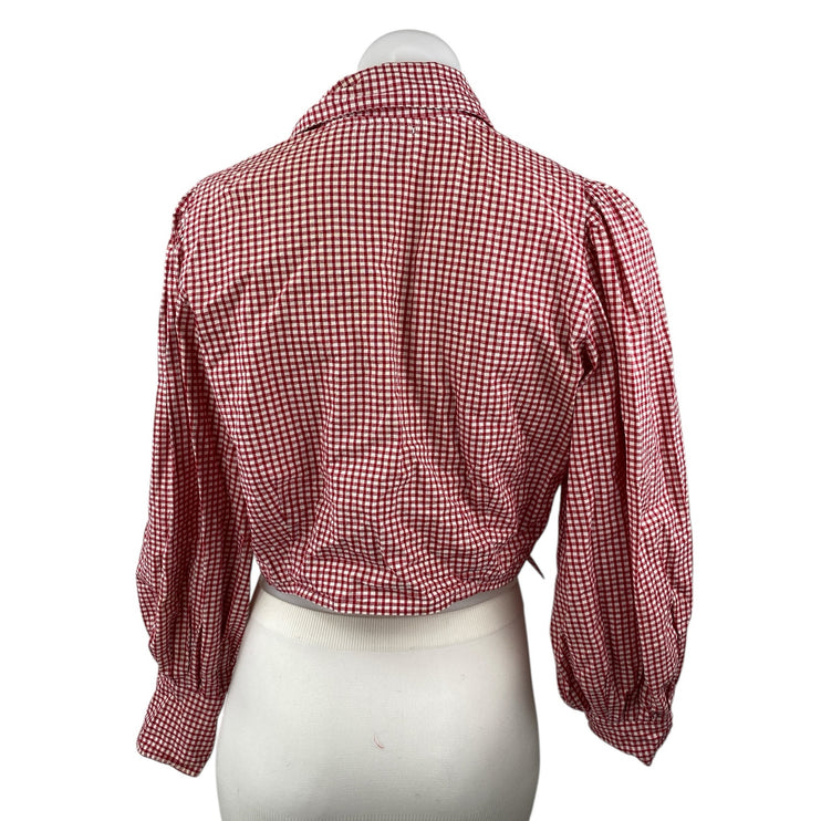 Maison Cleo Red Gingham Collared Long Puff Sleeve Wrap Tie Crop Blouse Top Sz M