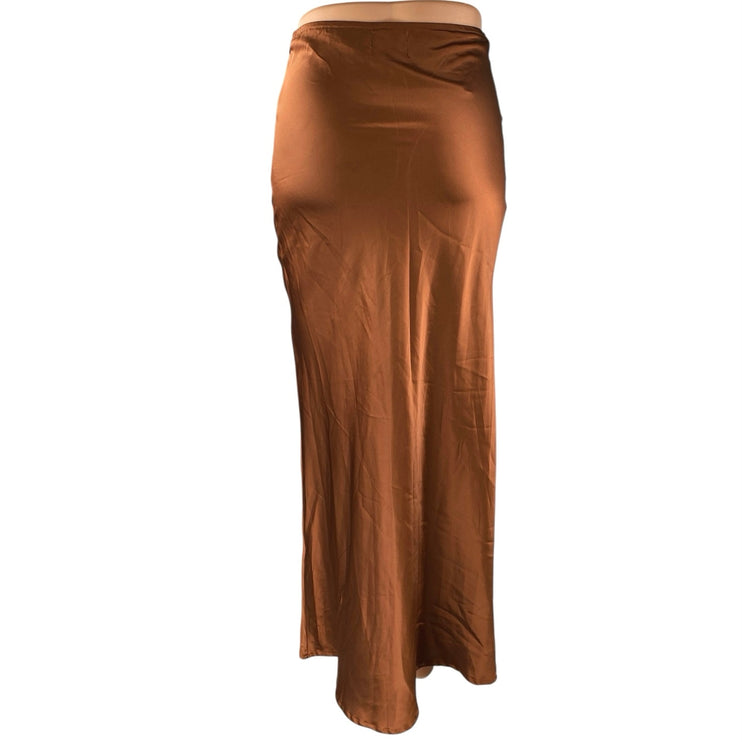 Princess Polly Jones Brown Silk Satin Ruched Slim Side Zip Maxi A-Line Skirt 2