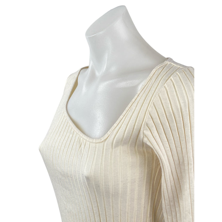 Zara Cream Ribbed Knit Asymmetric Neck Long Sleeve Midi Bodycon Dress Size M