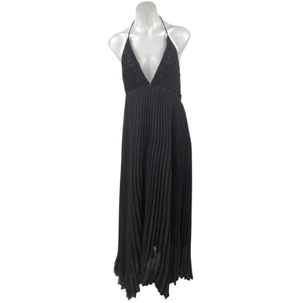 Alice + Olivia Black Halter Sleeveless Crochet Knit Pleated Maxi Dress Size 10